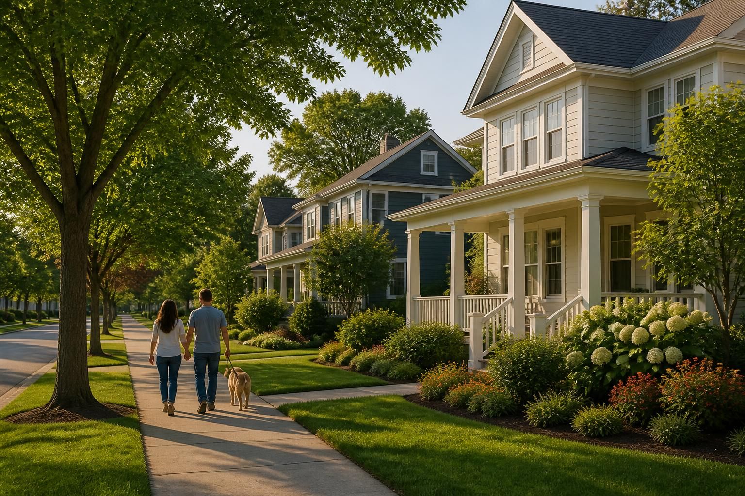 Planned community street with tree-lined homes and green space