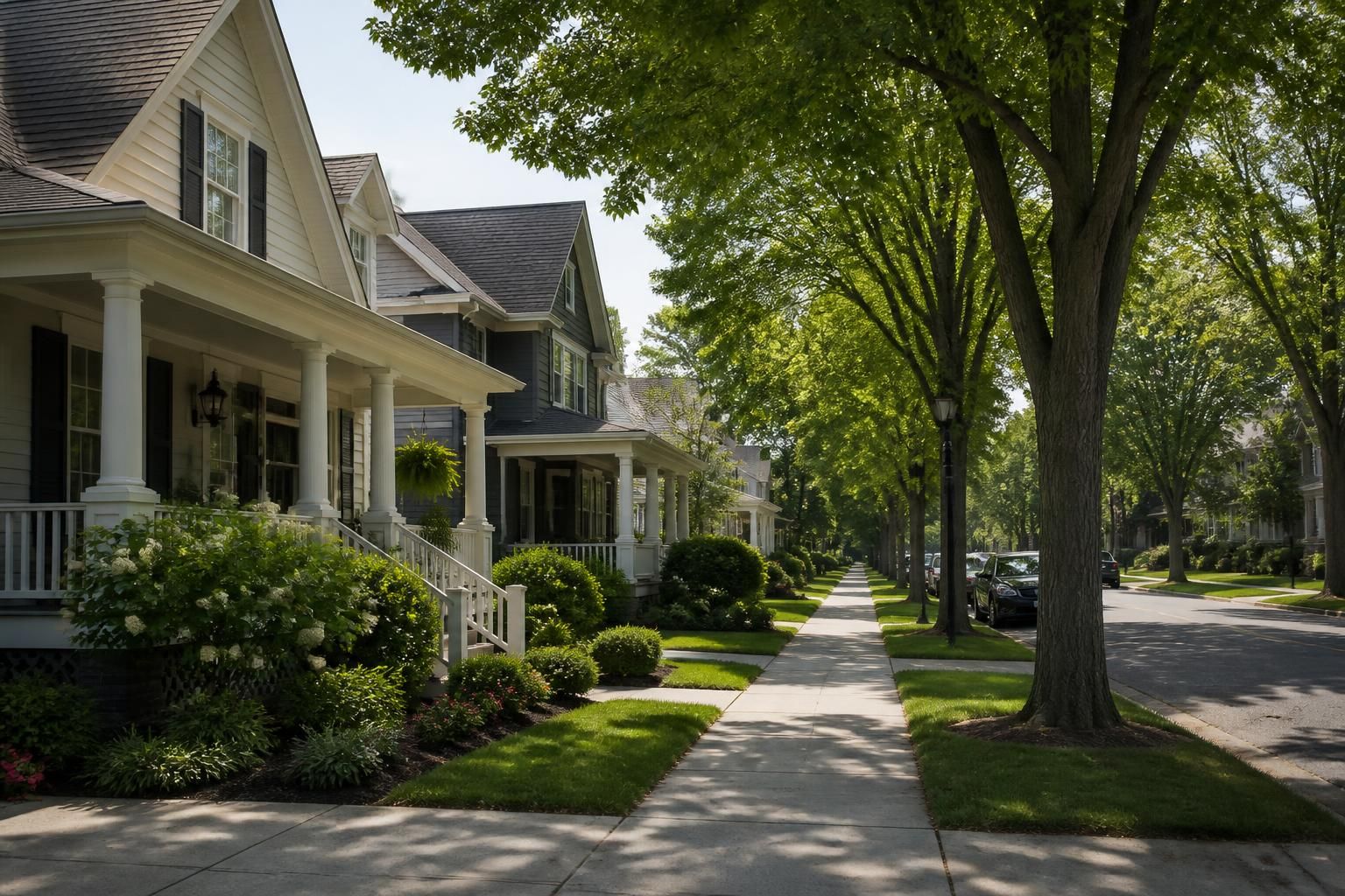 Urban-suburban street with homes and mature street trees
