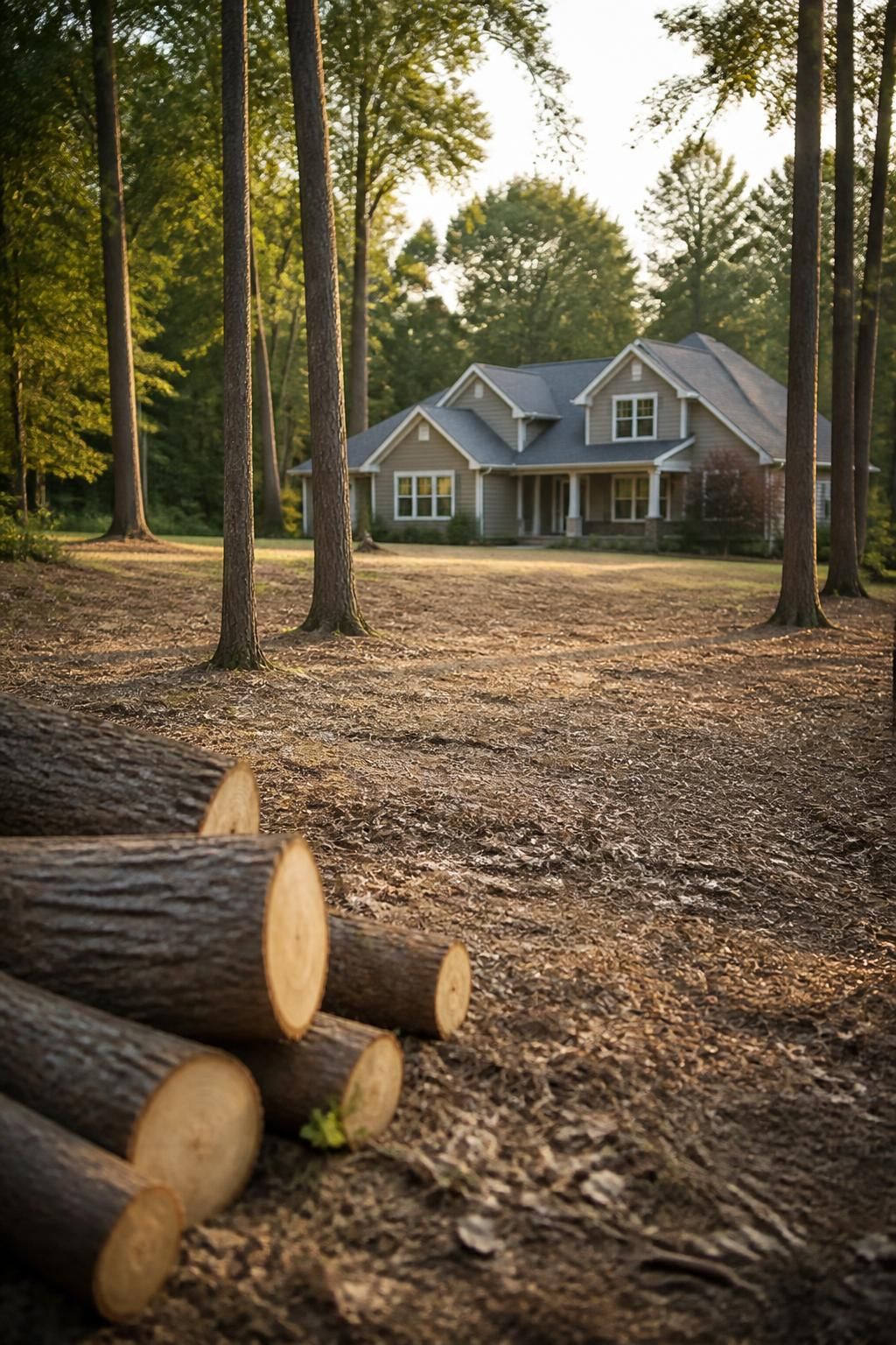 Freshly cleared yard with cut tree sections and open space
