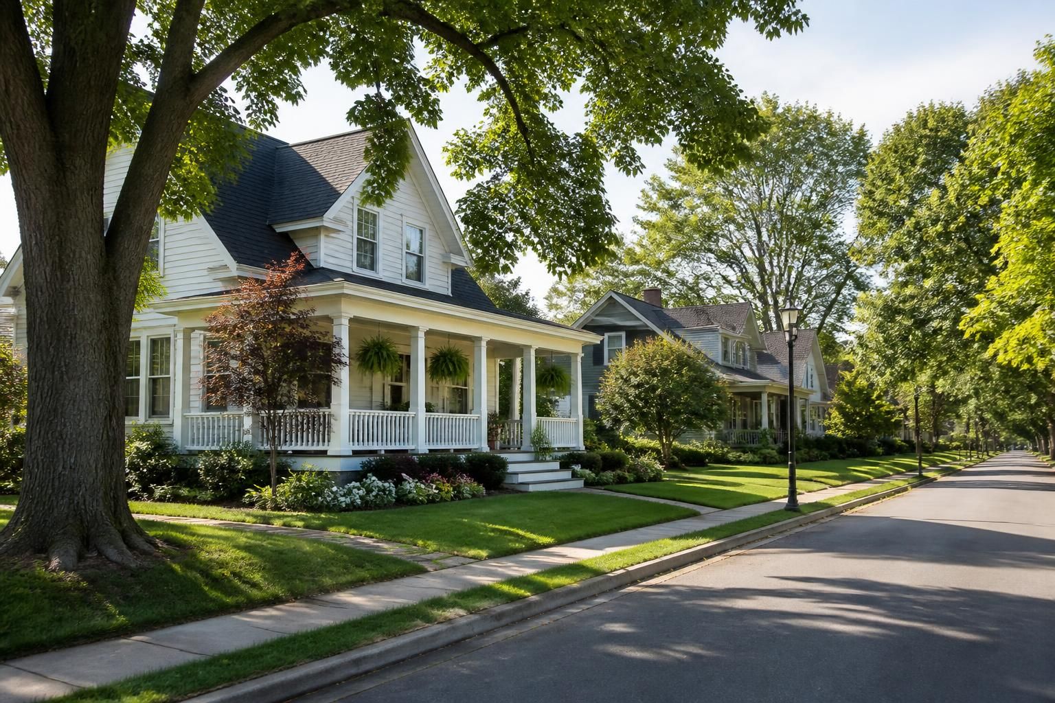 Peaceful small-town street with mature shade trees