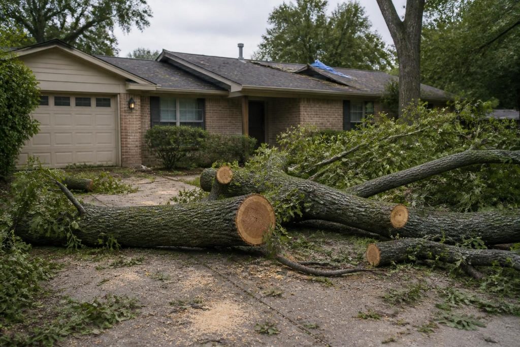 Fallen tree cleared from a driveway beside a home after a storm