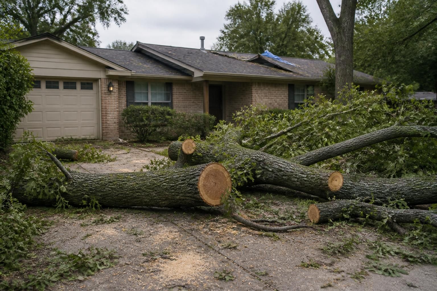 Fallen tree cleared from a driveway beside a home after a storm