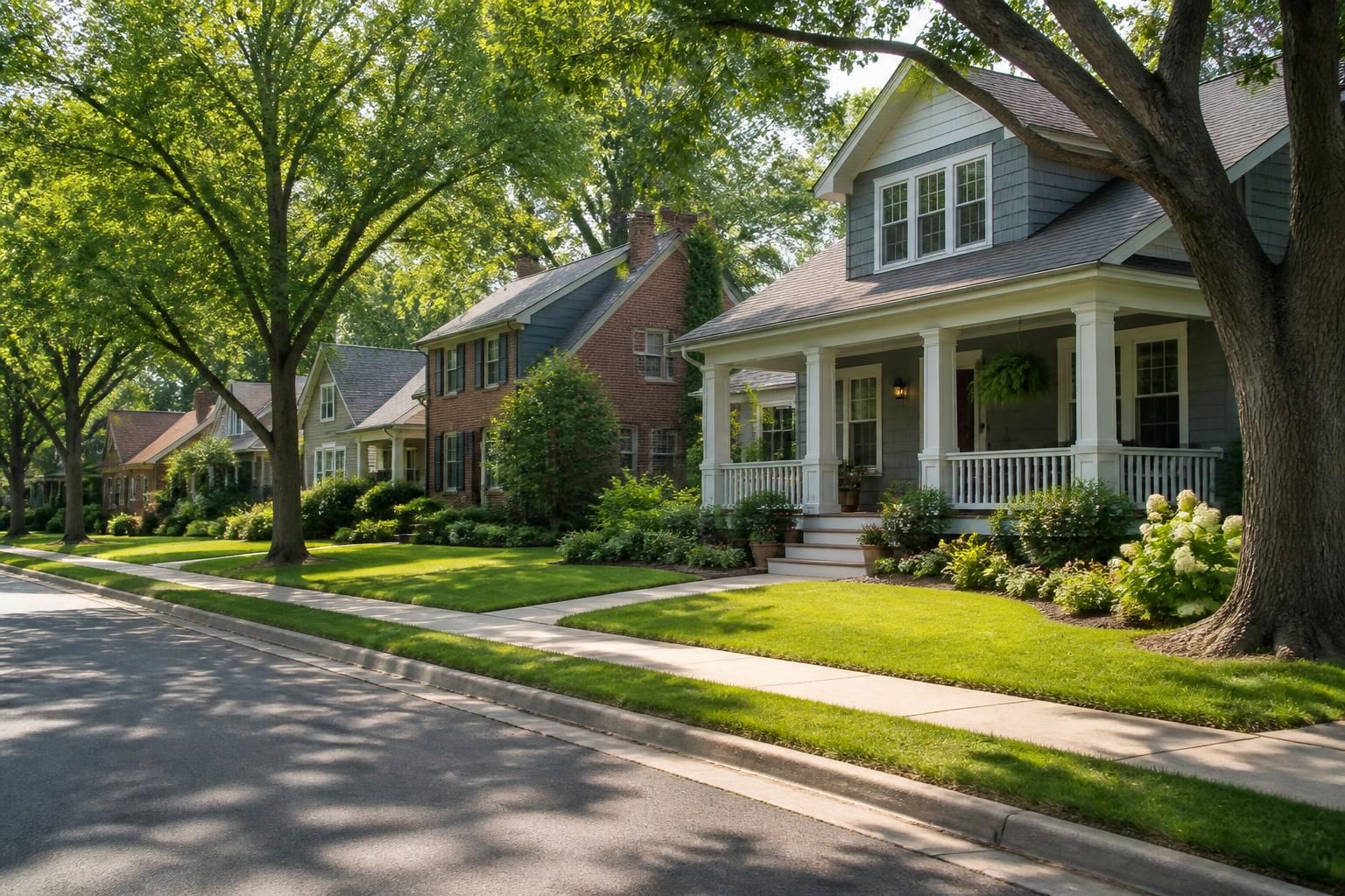 Welcoming suburban street with mature trees and tidy lawns