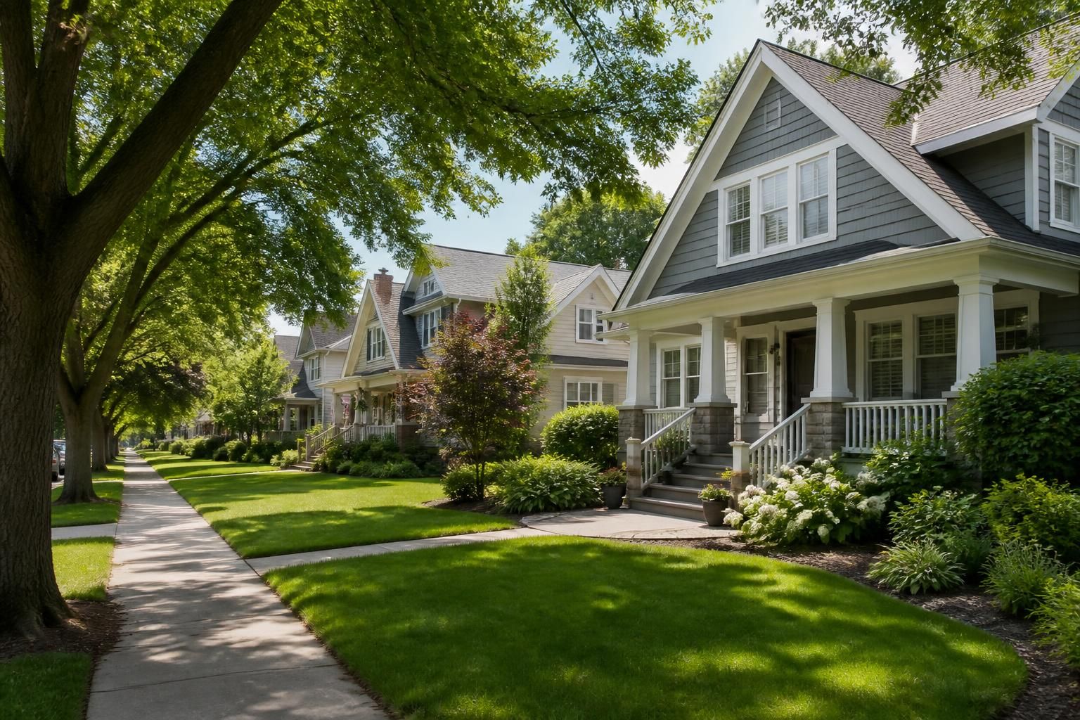 Leafy neighborhood with attractive homes and broad lawns