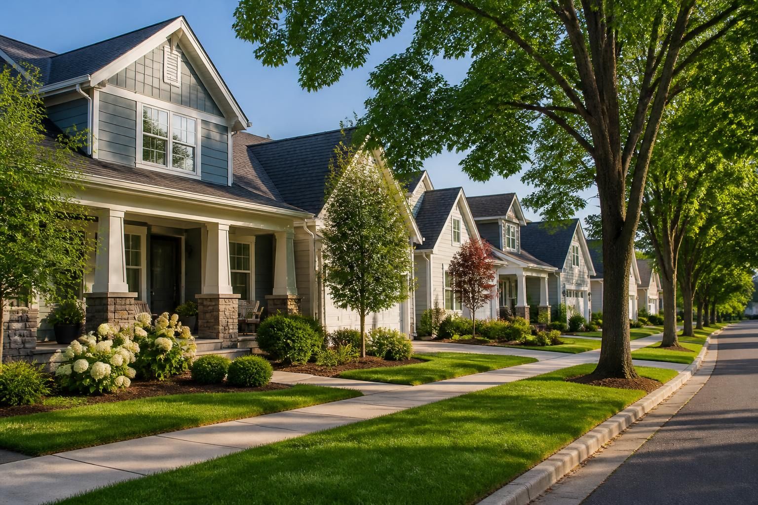 Suburban community street with manicured landscaping and trees