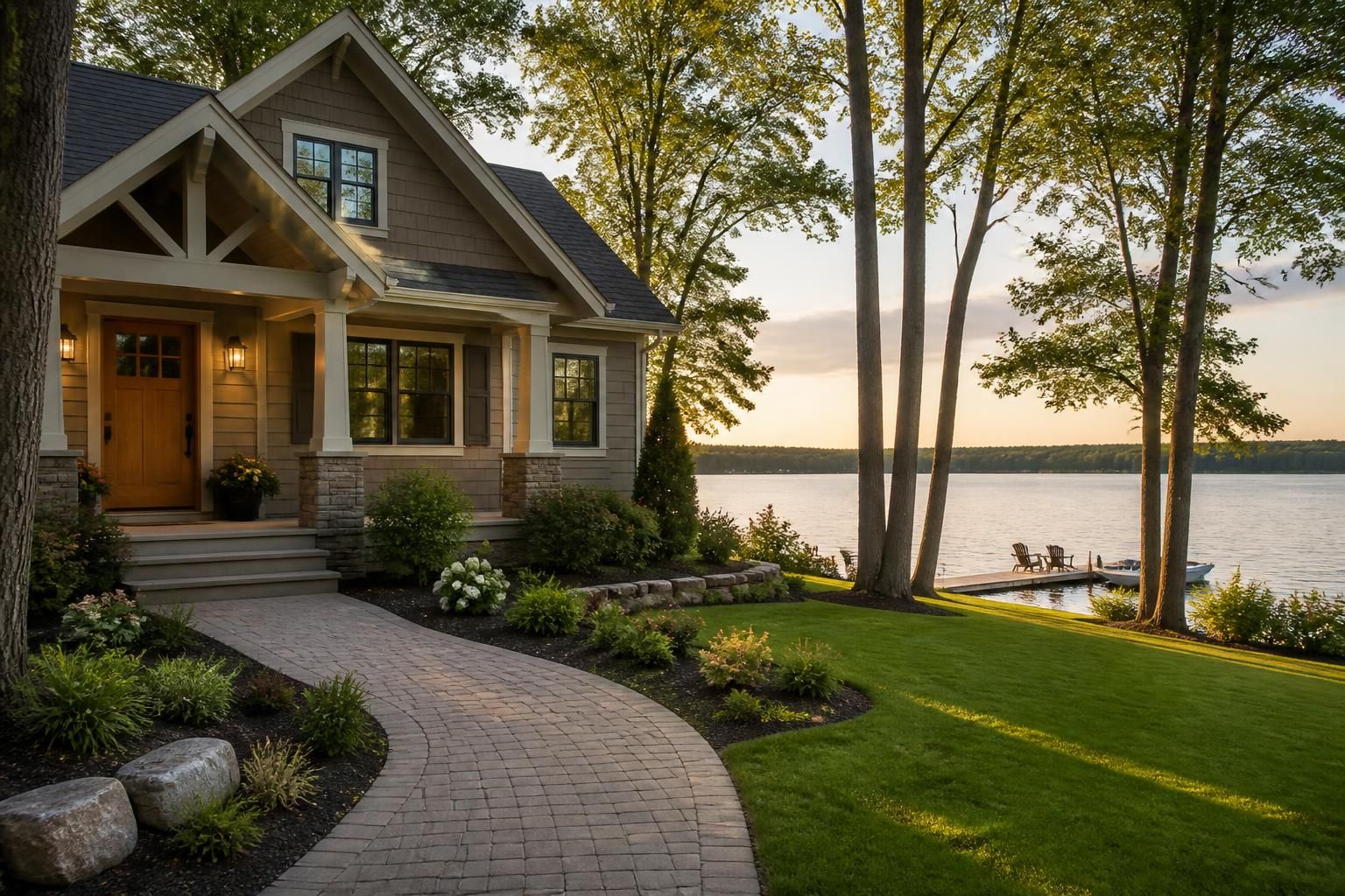 Lakeside neighborhood with tree-lined homes and calm water