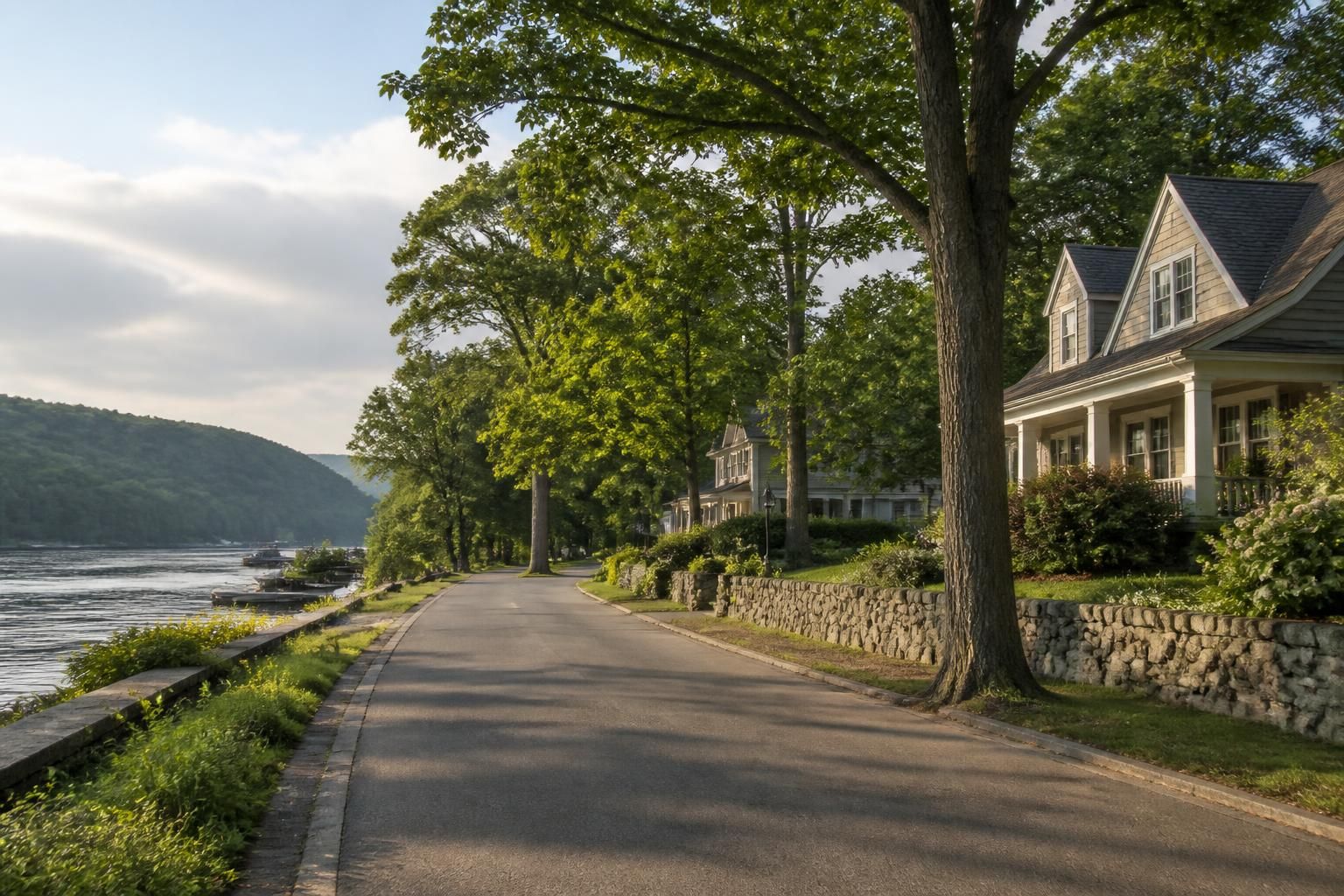 Riverside neighborhood with tree-covered lots and calm road