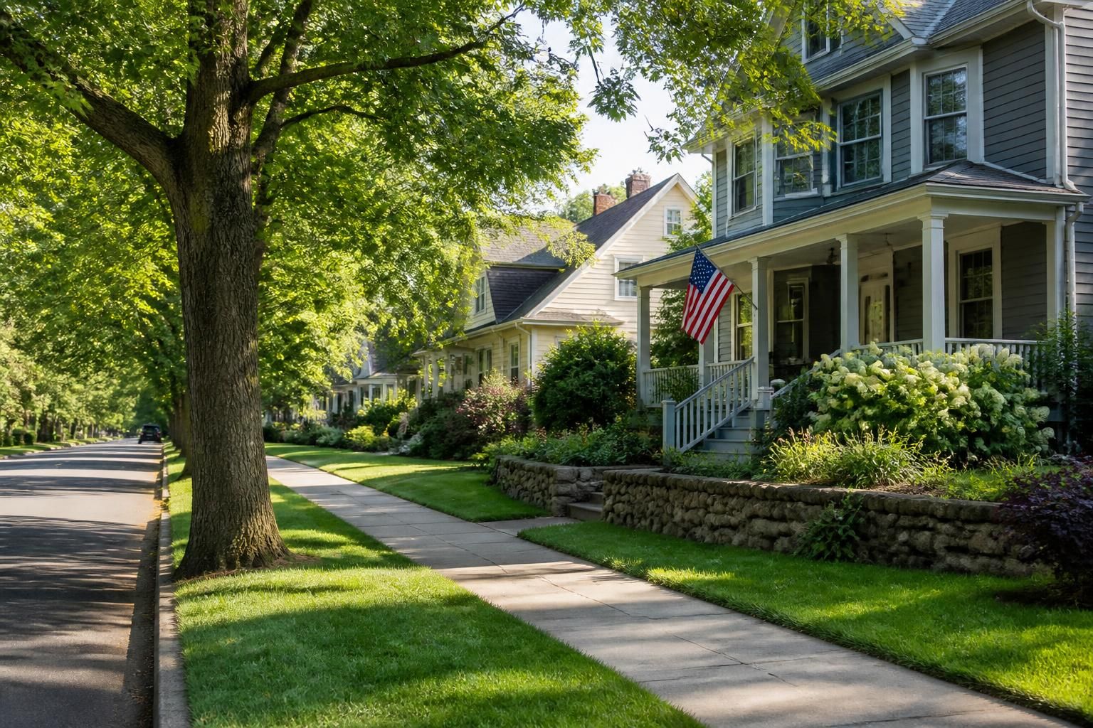 Quiet neighborhood street with homes and mature trees