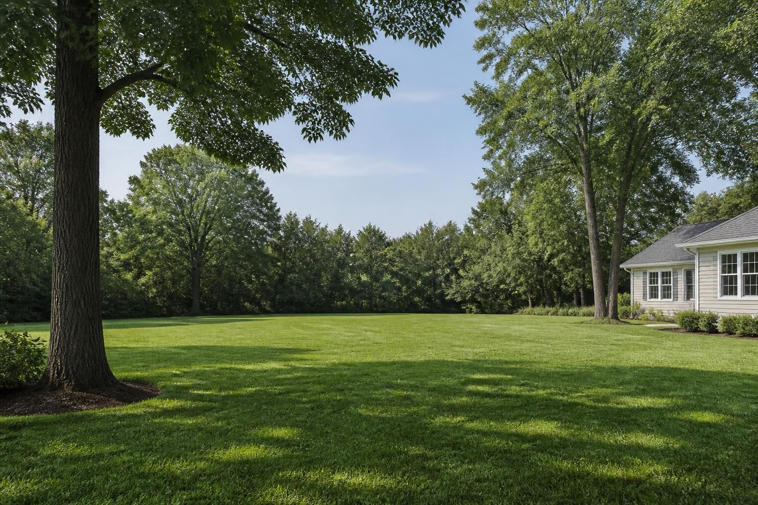 Cleared residential yard with open space and tall trees