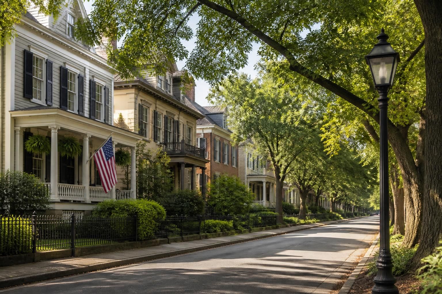Historic neighborhood street lined with trees and homes